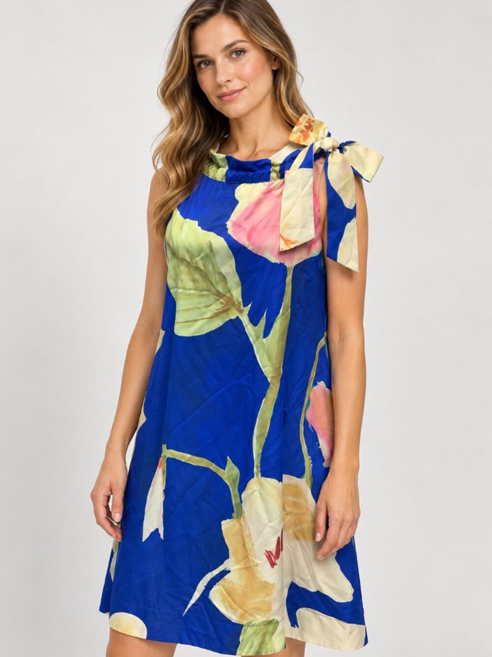 Glam M Royal Blue Floral Ruffle Tie Neck Sleeveless Mini Dress Fall Dress